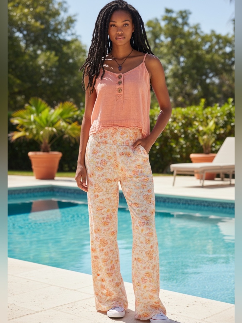 Billabong Peach Camisole & Floral Wide Leg Pants Set